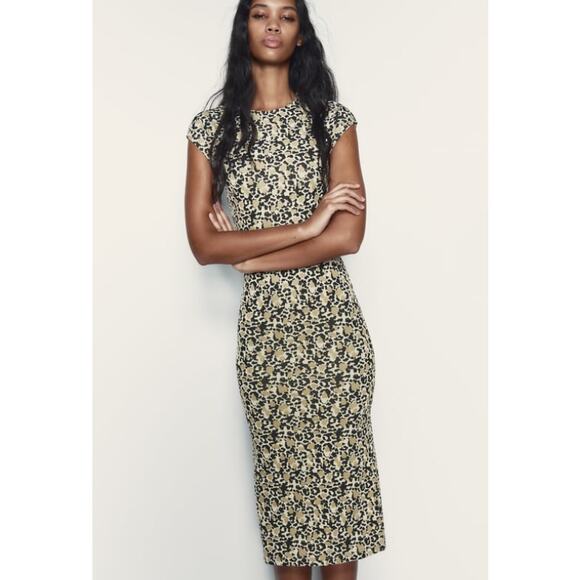 Zara Leopard Print Midi Dress Cap Sleeves Round Neck Size Small - Picture 2 of 9